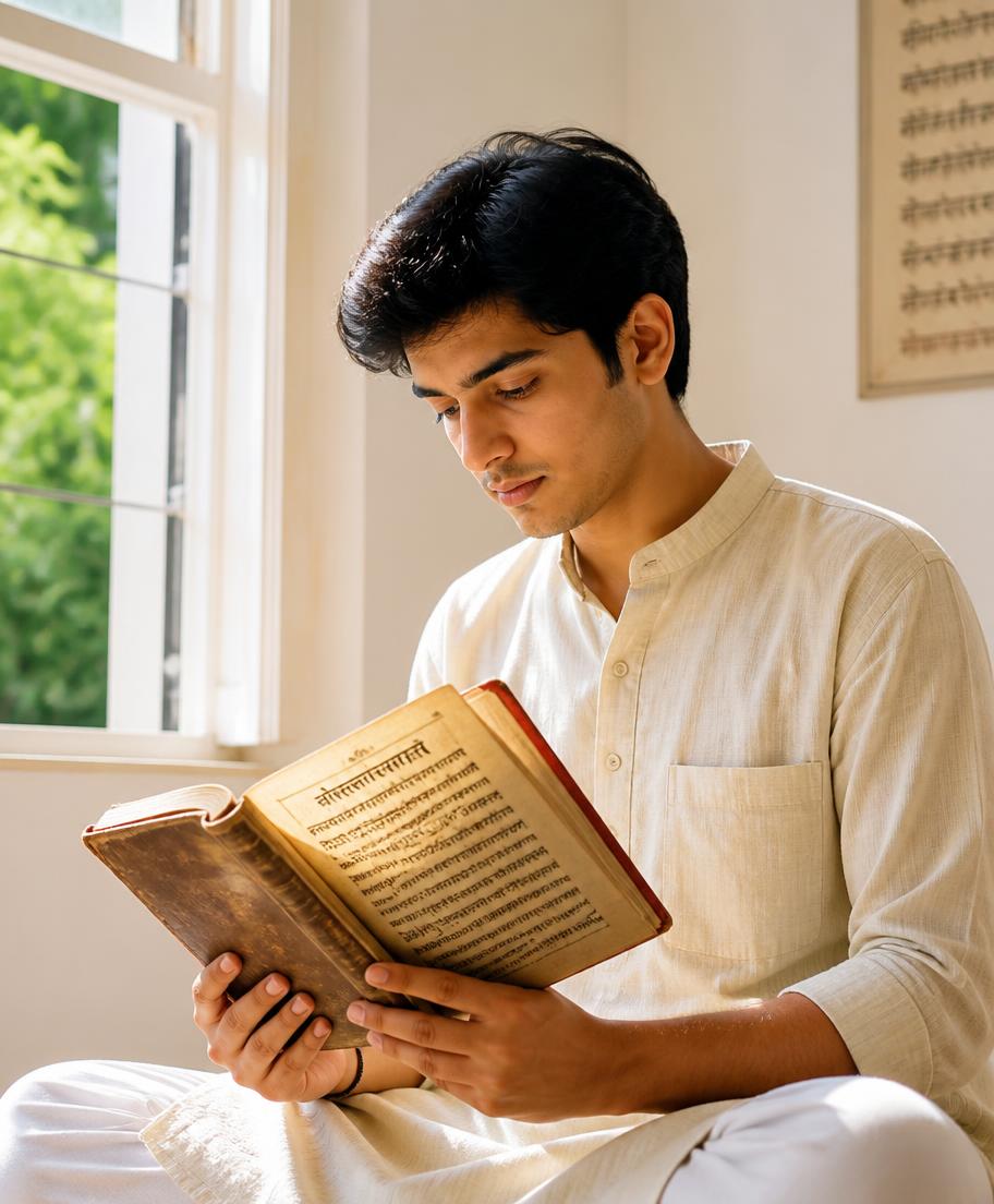 A young man studying scripture by a sunlit window