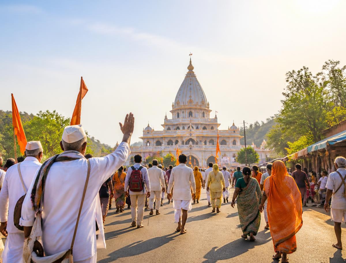 Devotees walking towards a sunlit temple on yatra