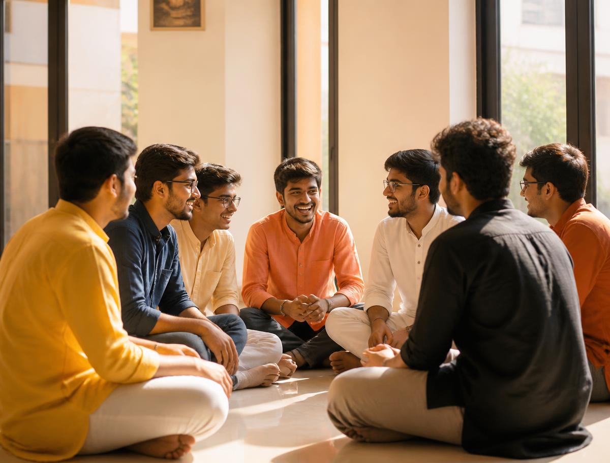 Young men in a bright discussion circle